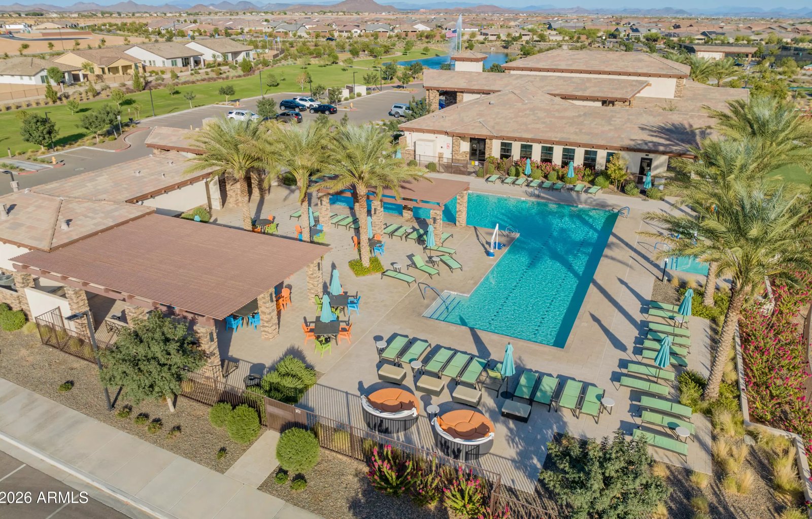 Aerial view of the Heritage at Asante community pool in Surprise, Arizona