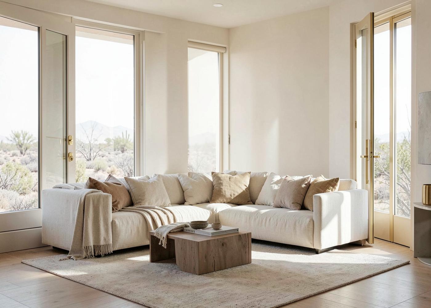 Ivory living room staged with warm neutral furnishings and desert views